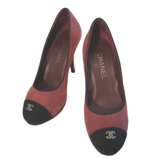 CHANEL Cambon Red Bordeaux Suede & Leather Cap Toe Pumps Size 36.5  (6 1/2 US) - Picture 1 of 15